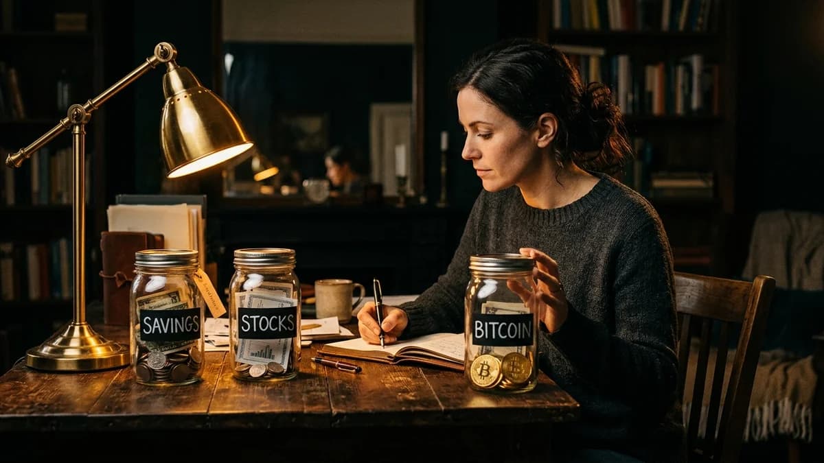 Person at a desk with three labeled jars for savings, stocks, and bitcoin, warm amber lamplight
