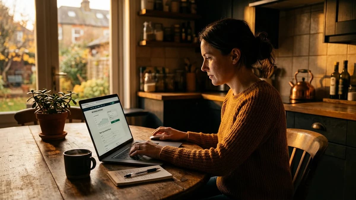Person setting up a recurring investment on a laptop at a kitchen table, warm golden afternoon light