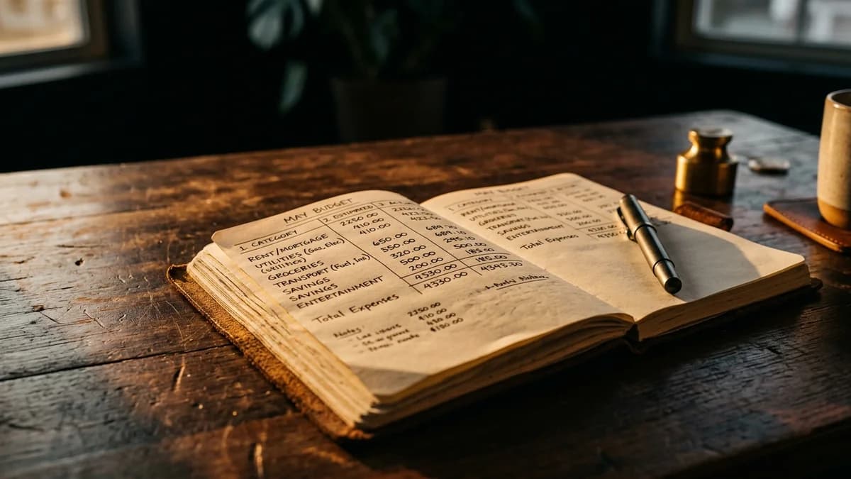 Open notebook with budget numbers and three labeled categories on a wooden desk, warm side lighting