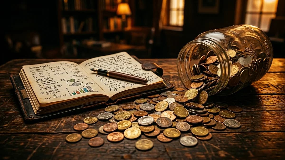 Coins spilling from a jar onto a wooden table next to a financial planning notebook, amber light