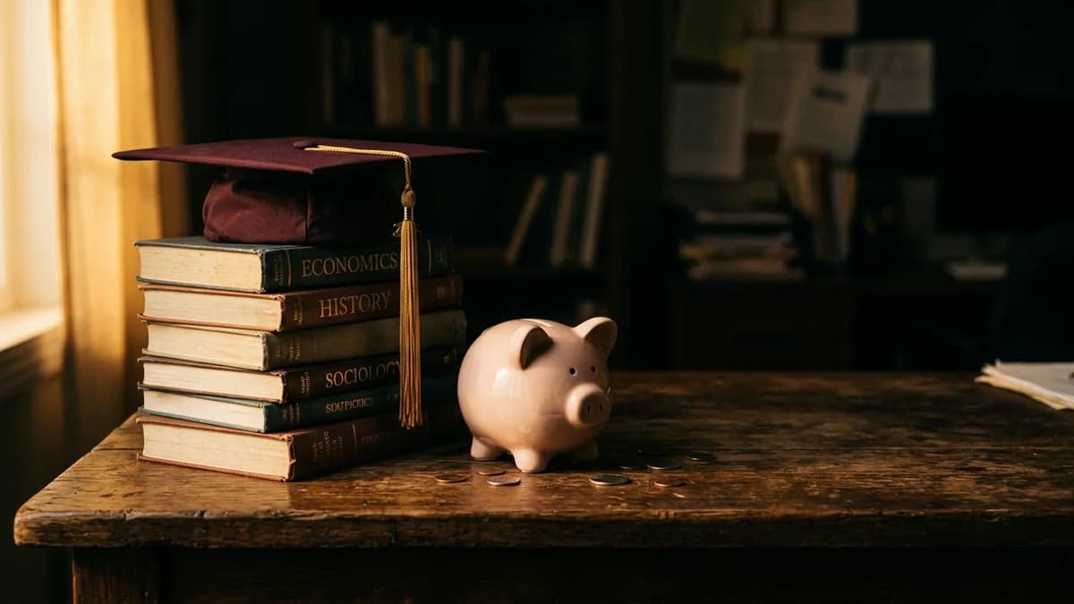 Stack of textbooks and a graduation cap beside an empty piggy bank on a wooden desk, dramatic shadows