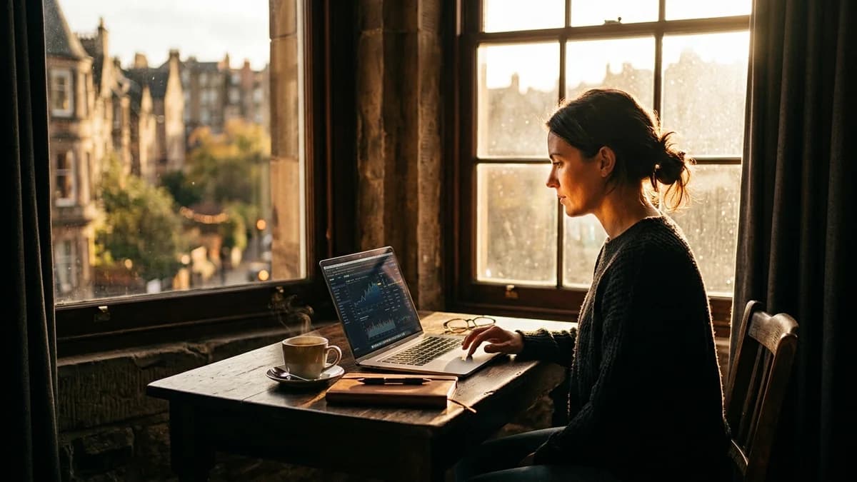 Person reviewing investment account on a laptop at a bright window, warm afternoon sunlight streaming in
