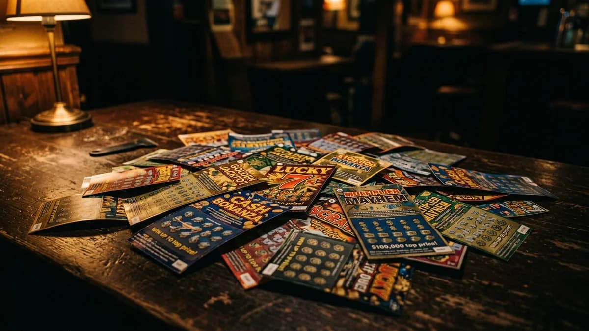 Pile of colorful scratch-off lottery tickets scattered on a dark surface, moody dramatic lighting