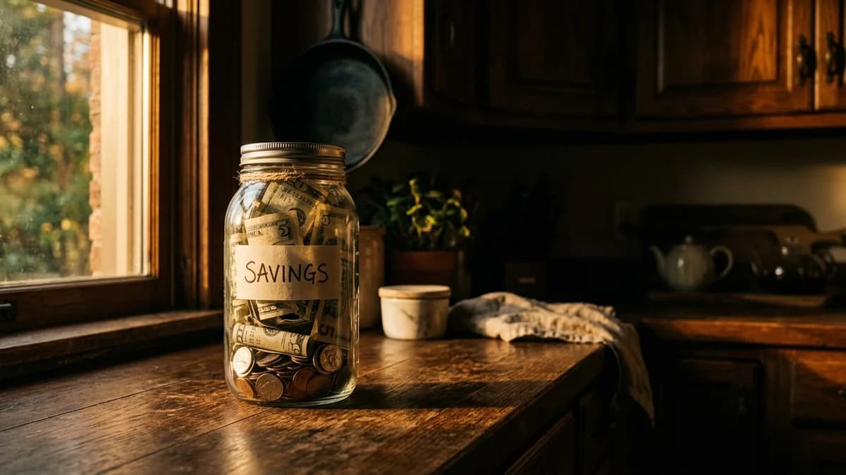Glass jar with dollar bills and coins labeled savings on a sunlit kitchen counter, warm tones