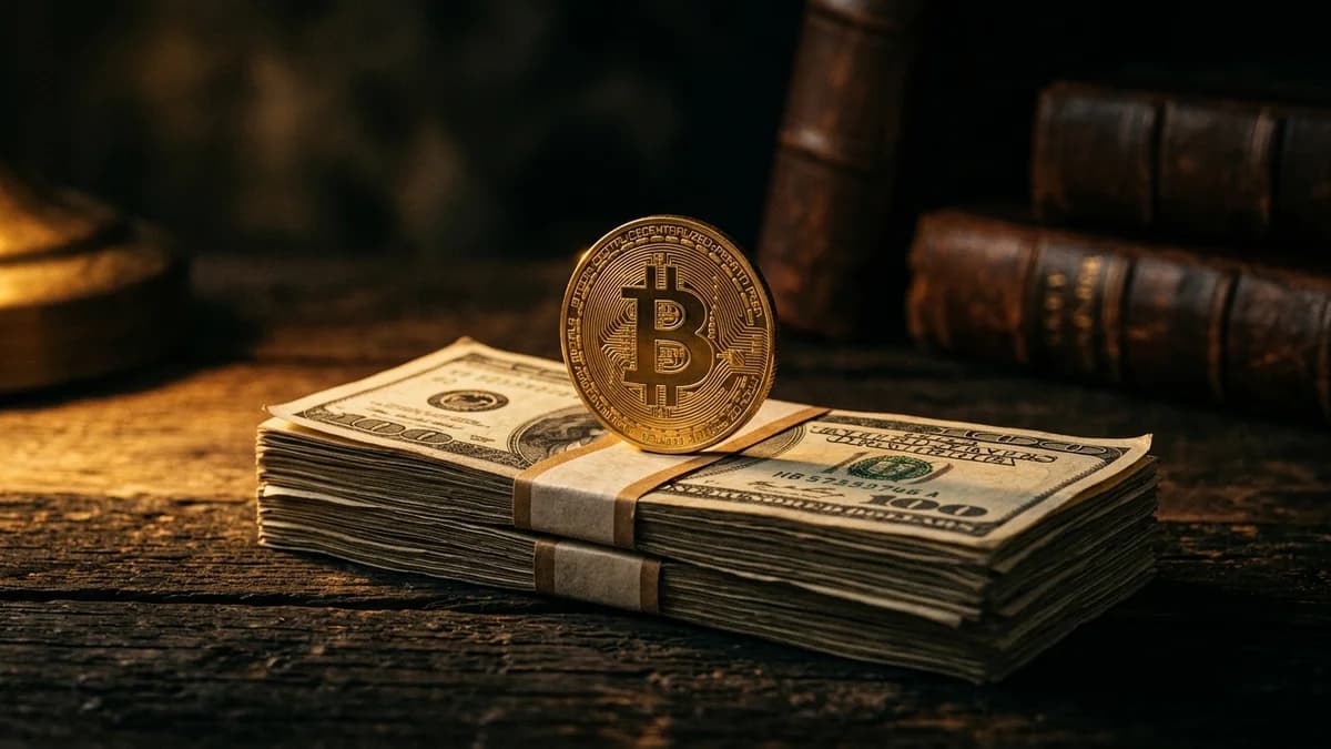 Gold Bitcoin coin balanced on a stack of US dollar bills, dramatic side lighting on dark surface