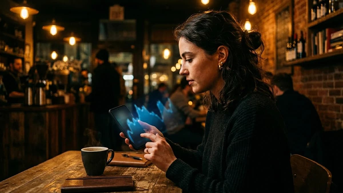 Person using a smartphone to buy Bitcoin on a financial app, warm ambient light in a coffee shop