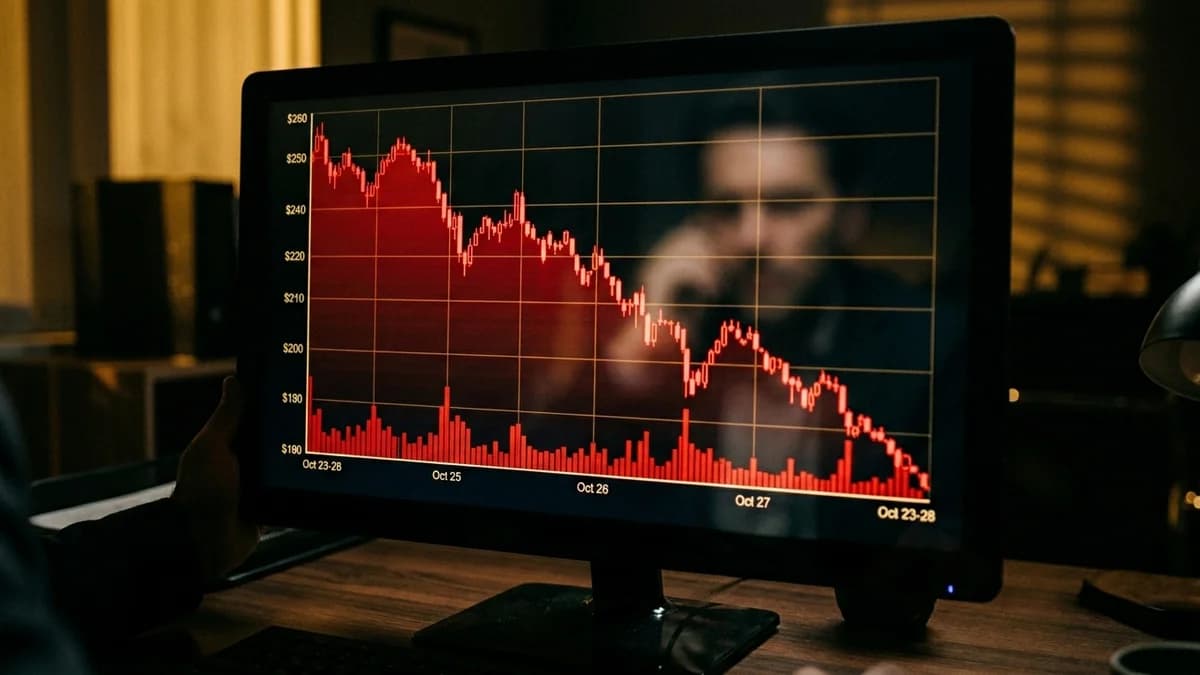 Close-up of a red stock market chart on a screen with a person's blurred worried reflection, dramatic shadows