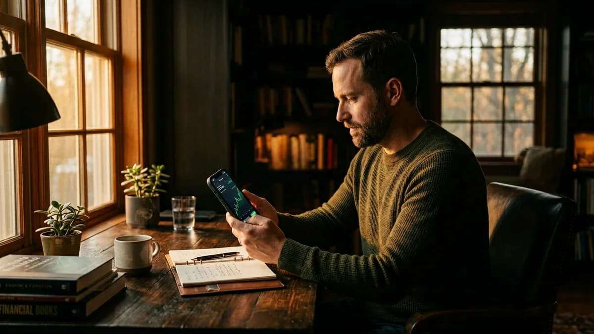 Calm person sitting at a desk reviewing a phone with steady investment charts, warm amber morning light