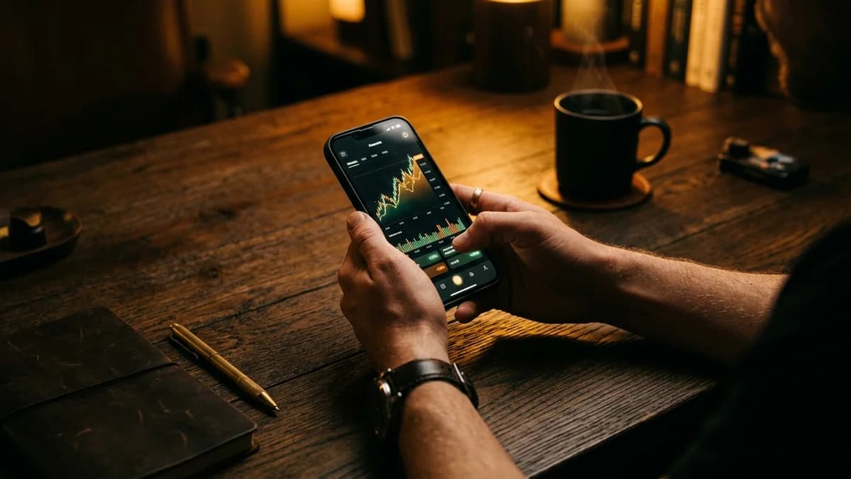 A person's hands holding a smartphone showing a financial app, warm amber light on a wooden desk