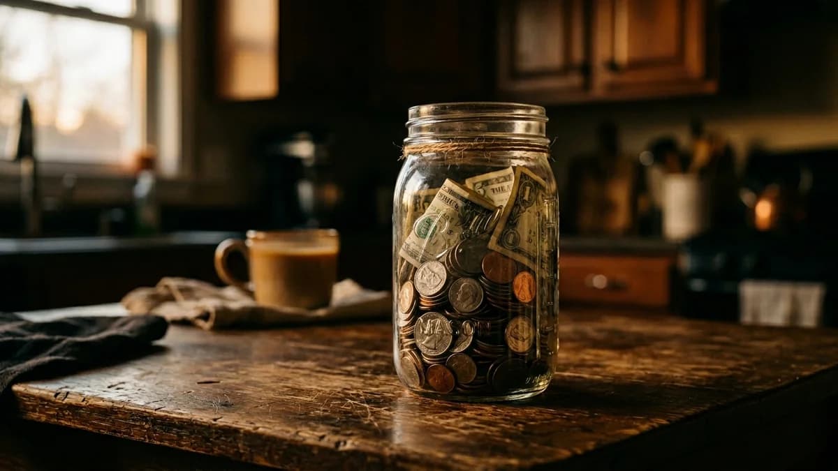 A glass jar filled with coins and dollar bills on a kitchen table, soft golden light, savings habit