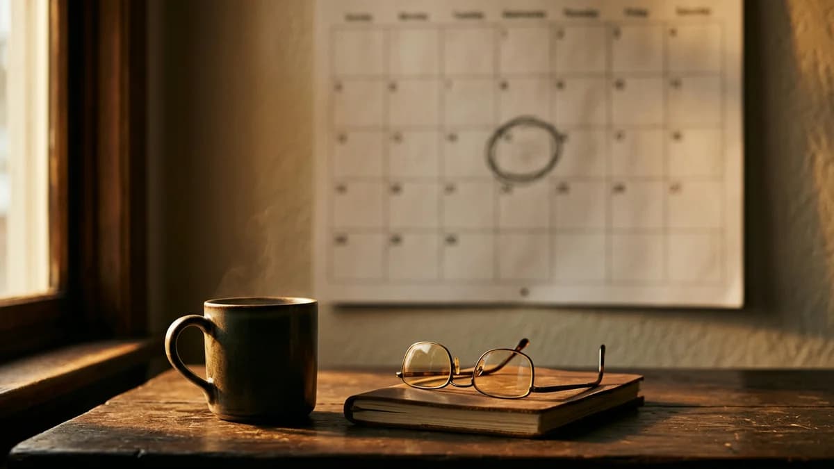 A paper wall calendar softly out of focus with one date circled in pencil, a mug and reading glasses in sharp focus on the desk below, morning light