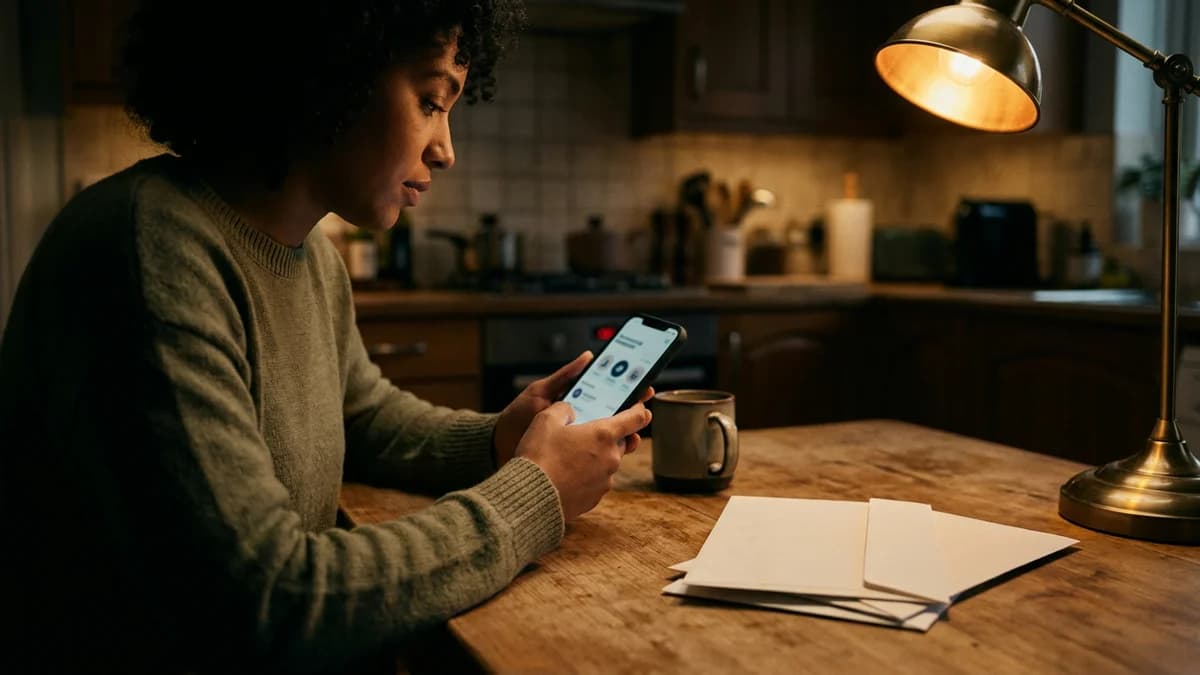 A person at a kitchen table checking a small recurring purchase on a phone beside plain unlabeled paper envelopes, warm evening lamp light
