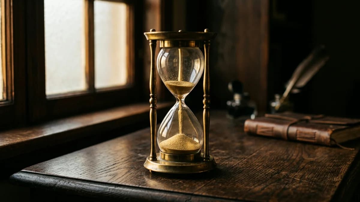 A single brass hourglass on a dark wooden desk with the upper bulb running low, a thin stream of gold sand falling, soft window light, photorealistic