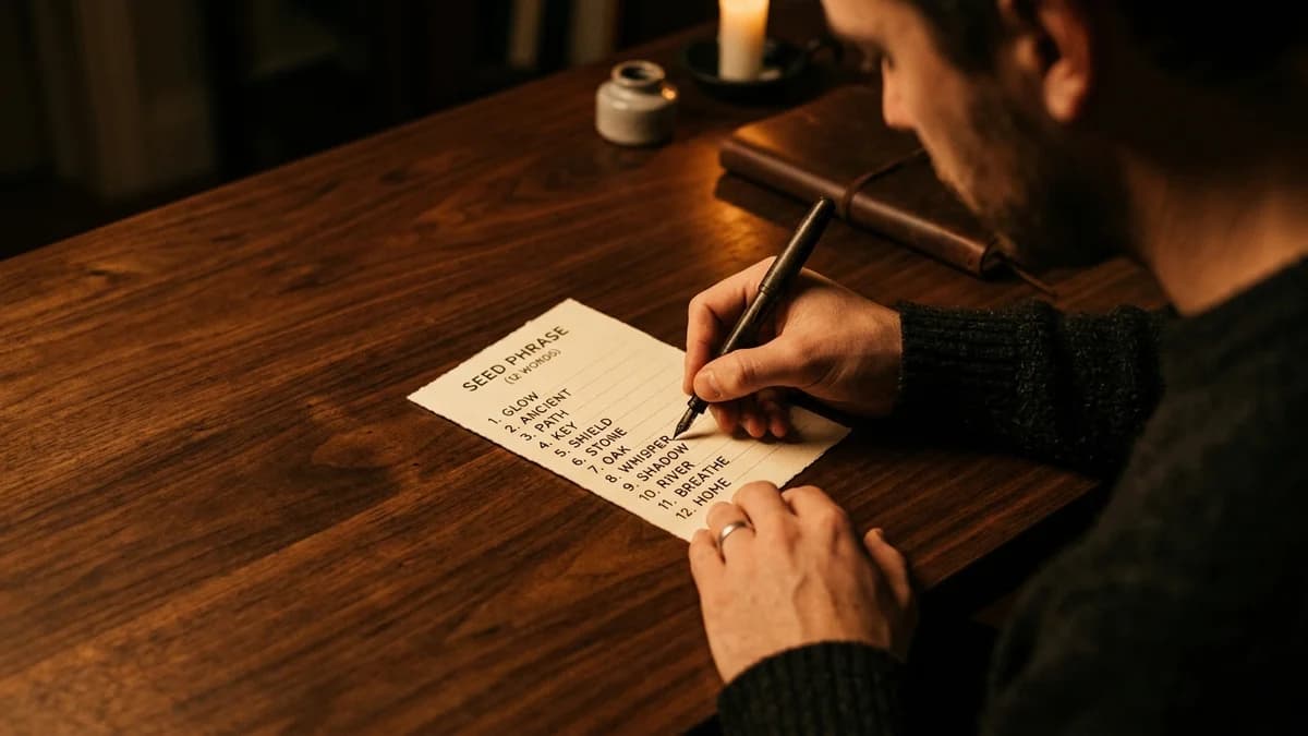 Person writing a seed phrase on paper at a clean wooden desk, warm overhead lighting, close-up editorial photography
