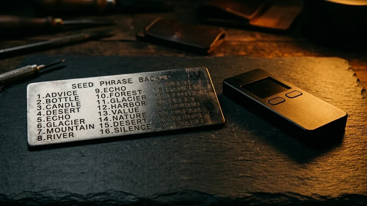 A steel seed phrase backup plate next to a hardware wallet on a dark slate surface, dramatic amber side lighting