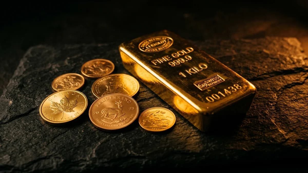 Gleaming gold bar and coins arranged on a dark stone surface, dramatic warm studio lighting