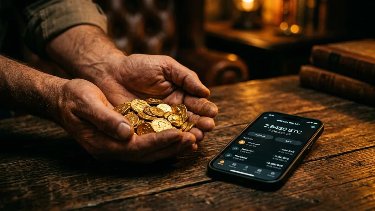 Hands cupping a small pile of gold coins beside a smartphone showing a Bitcoin wallet, cinematic amber tones