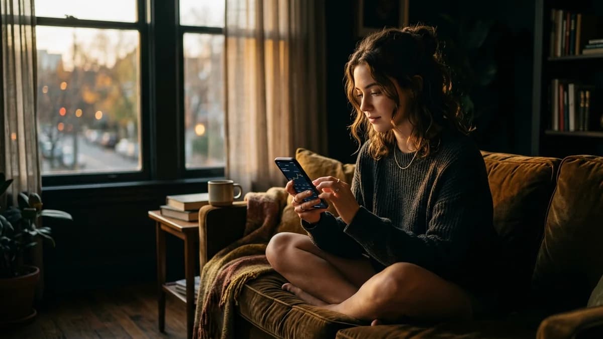 Young person sitting on a couch scrolling through an investing app on their phone, soft natural window light