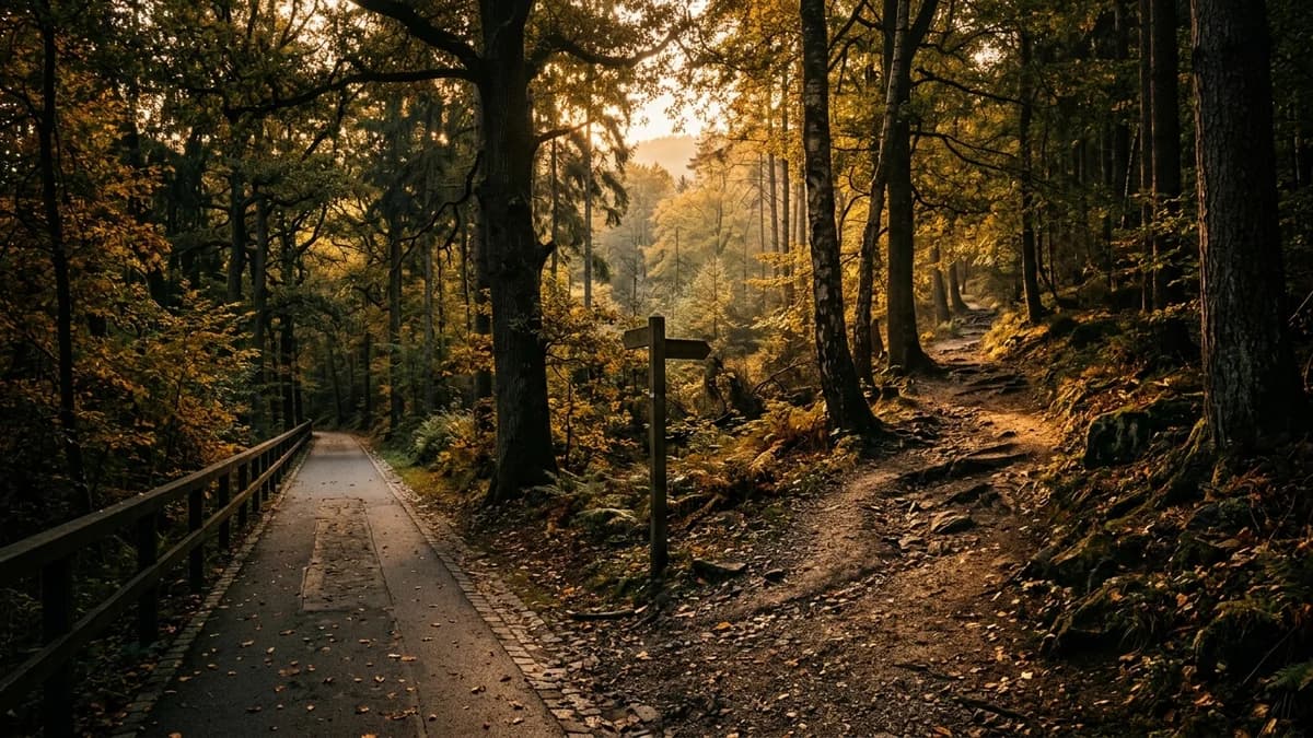 Two paths diverging in a forest, one paved and straight, the other winding uphill, golden morning light filtering through trees