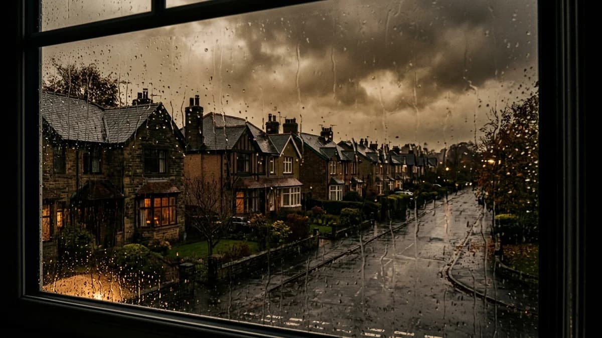 Row of suburban houses seen through rain on a glass window, muted earth tones, overcast dramatic light