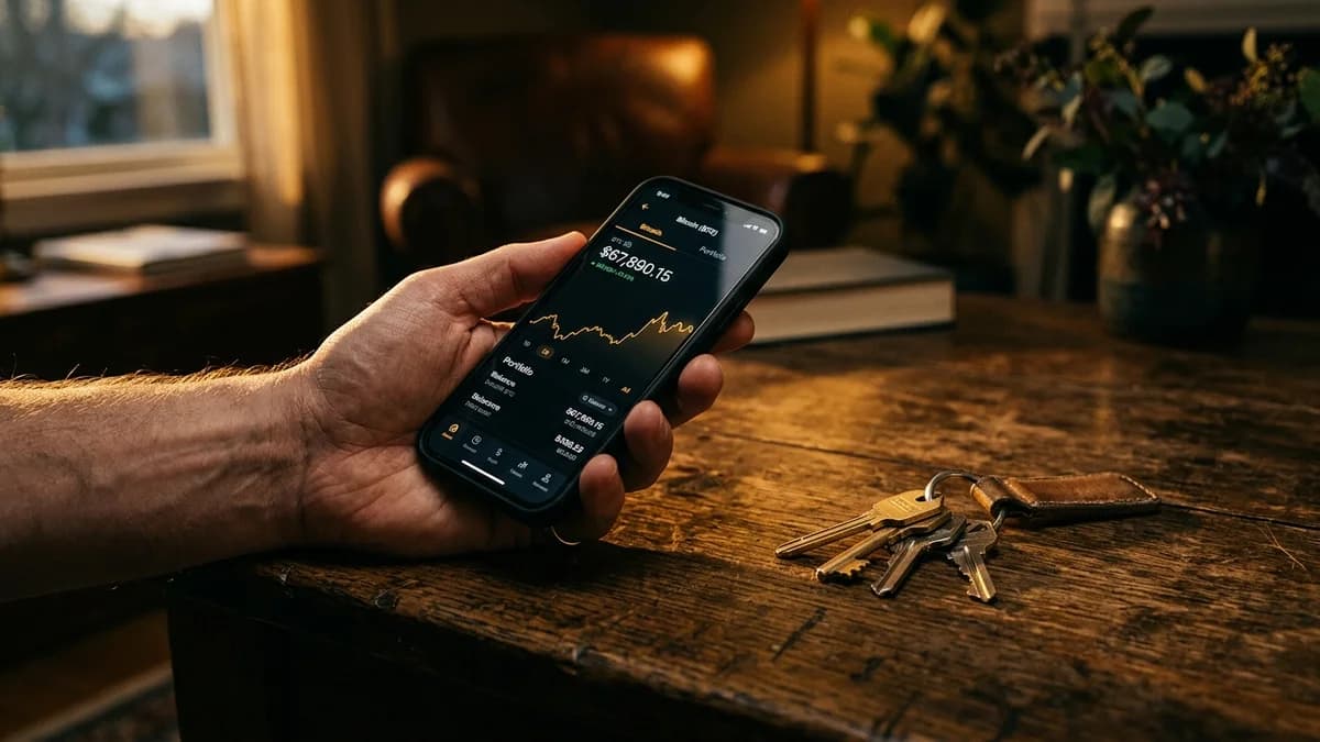 Hand holding a smartphone with a Bitcoin app open beside house keys on a wooden surface, warm side lighting