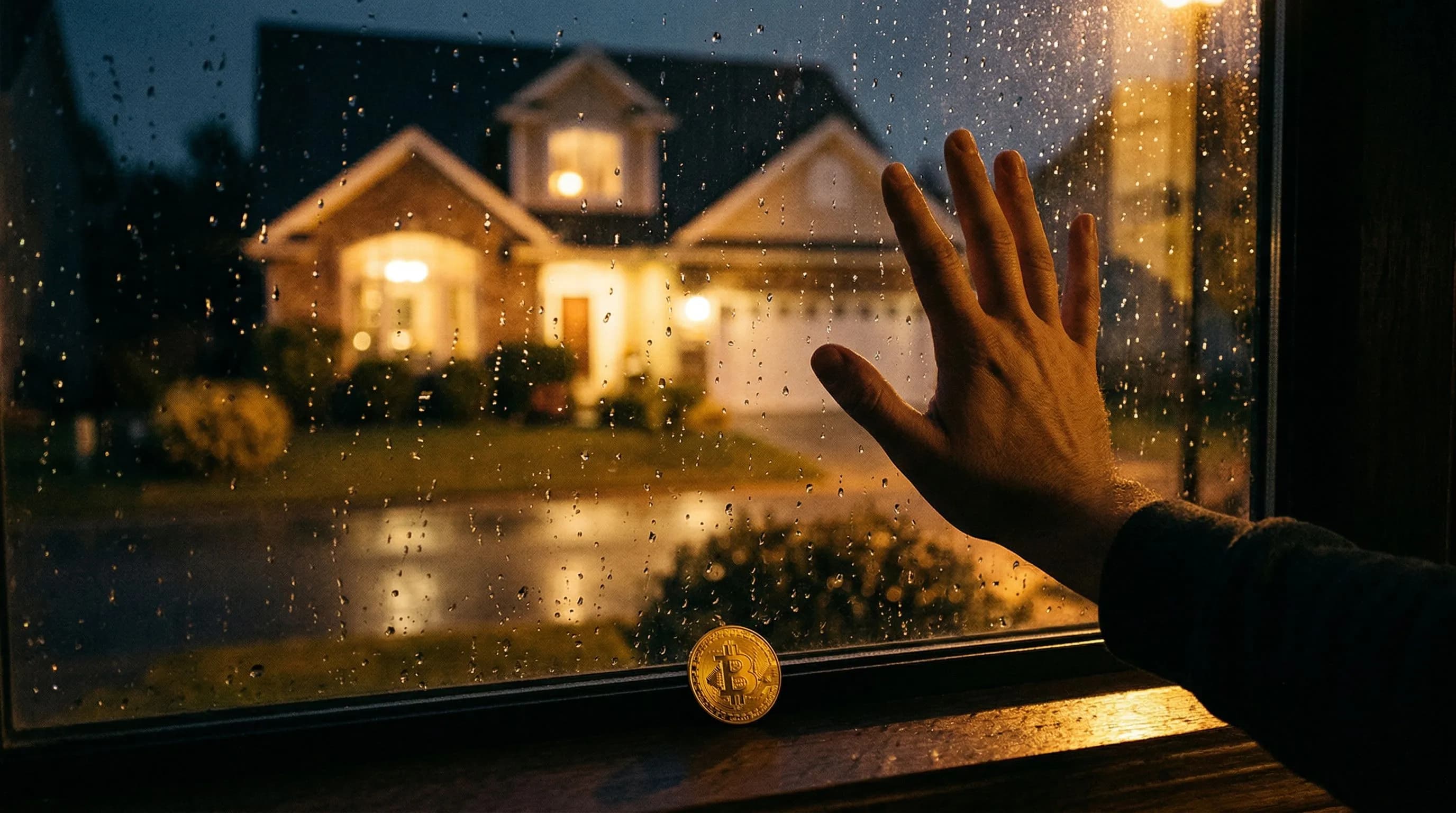 A hand pressed against rain-speckled glass, a blurred house on the other side, a single gold coin on the windowsill