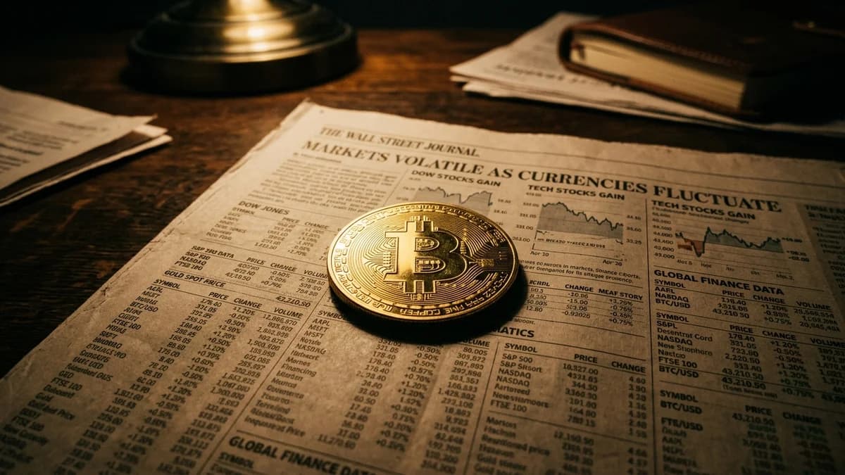 Gold Bitcoin coin resting on a financial newspaper with stock market data, dramatic overhead lighting