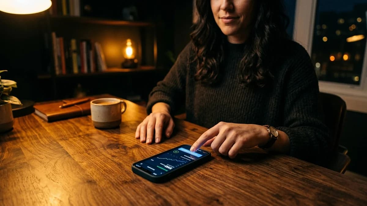 Person confidently tapping a recurring investment button on a smartphone, warm golden light on a wooden desk