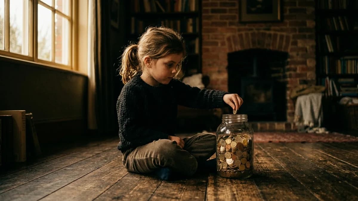 Child dropping a coin into a clear glass jar filled with coins on a wooden floor, warm natural light