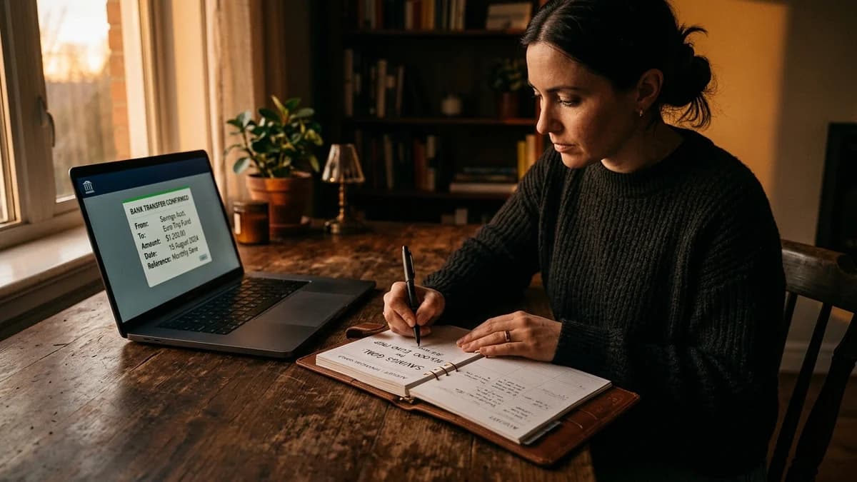 Person writing a savings goal in a planner beside a laptop showing a bank transfer screen, soft golden light