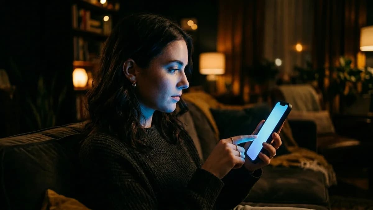 Person hovering a finger over a glowing checkout button on a smartphone in a dim room, cool blue phone light on the face