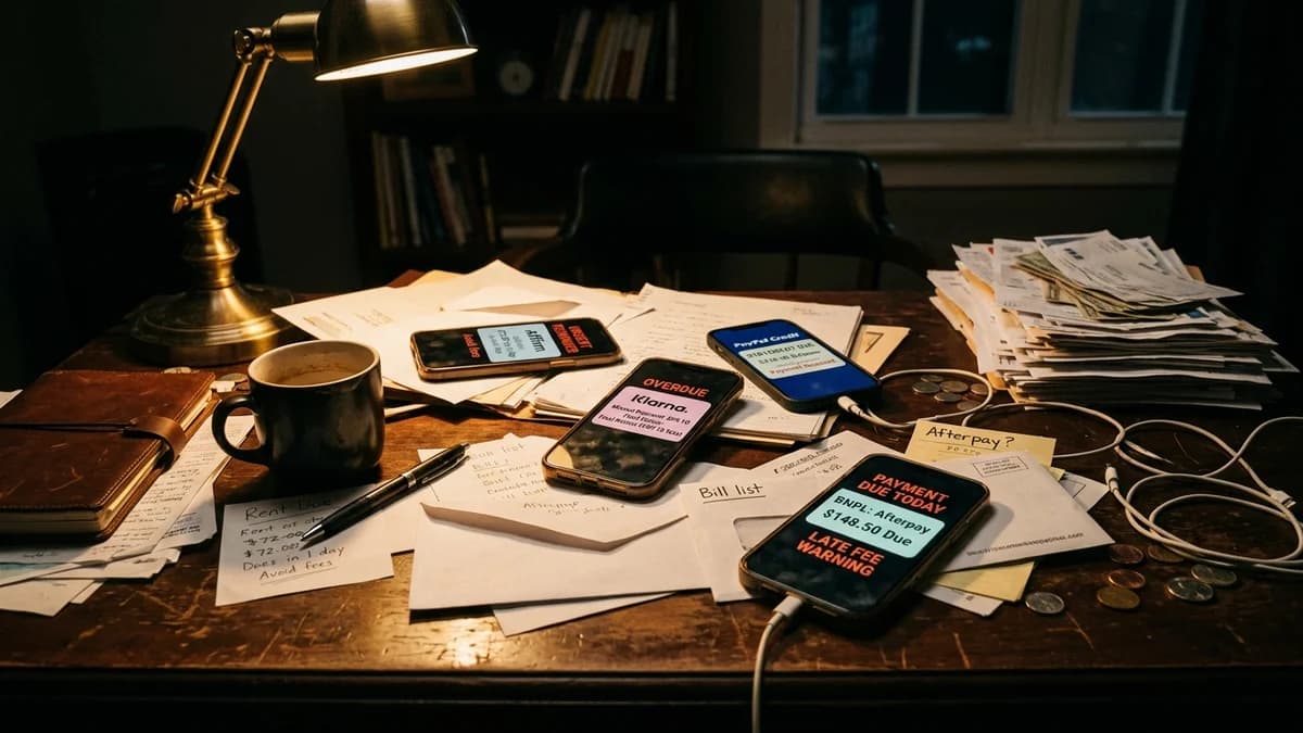 Cluttered wooden desk with four phone screens showing different BNPL payment reminders, warm desk lamp light, sense of overwhelm