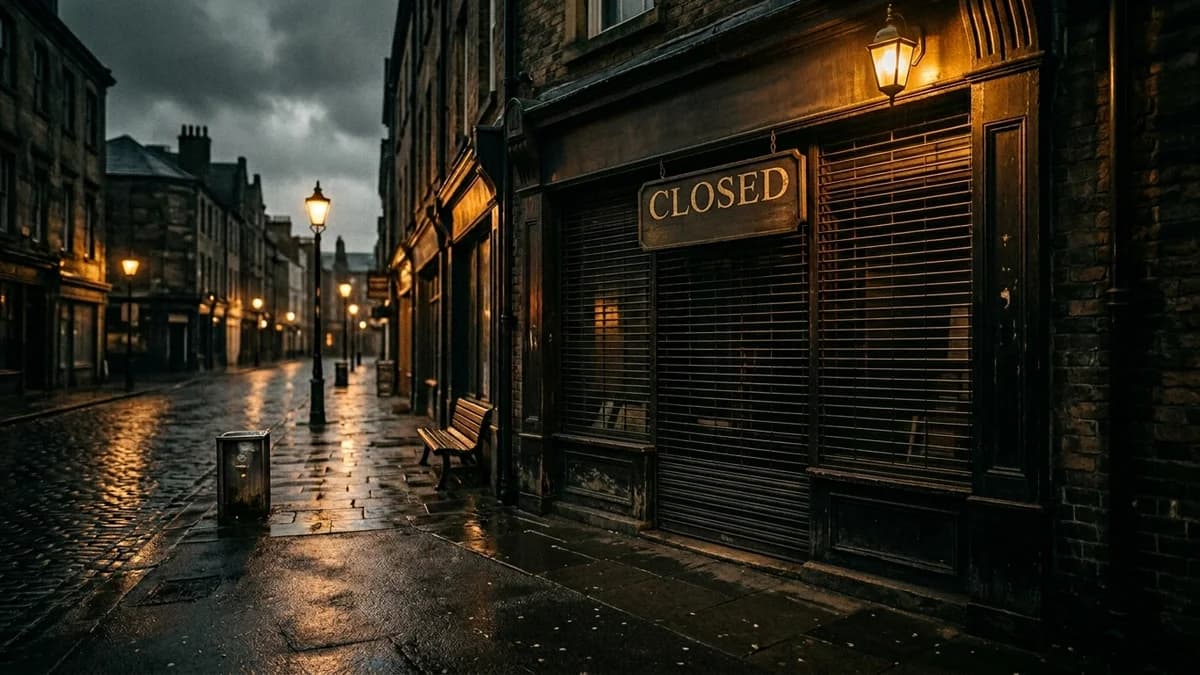 Shuttered storefront with a closed sign on a rain-soaked empty street, overcast moody lighting