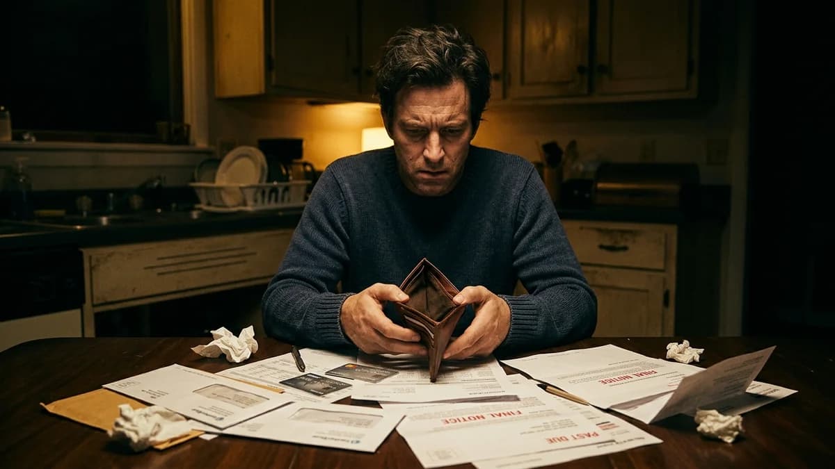 Person holding an empty wallet open over a kitchen table covered with bills, stressed moody shadows