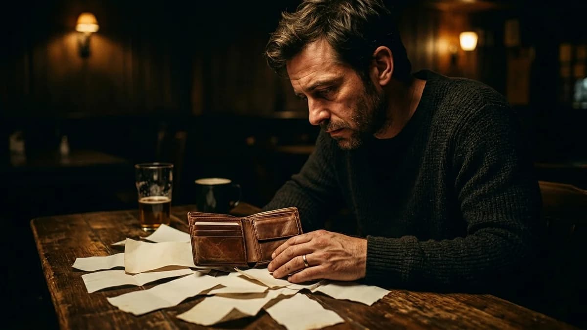 Man staring down at an open empty wallet with receipts scattered on a table, moody dim light