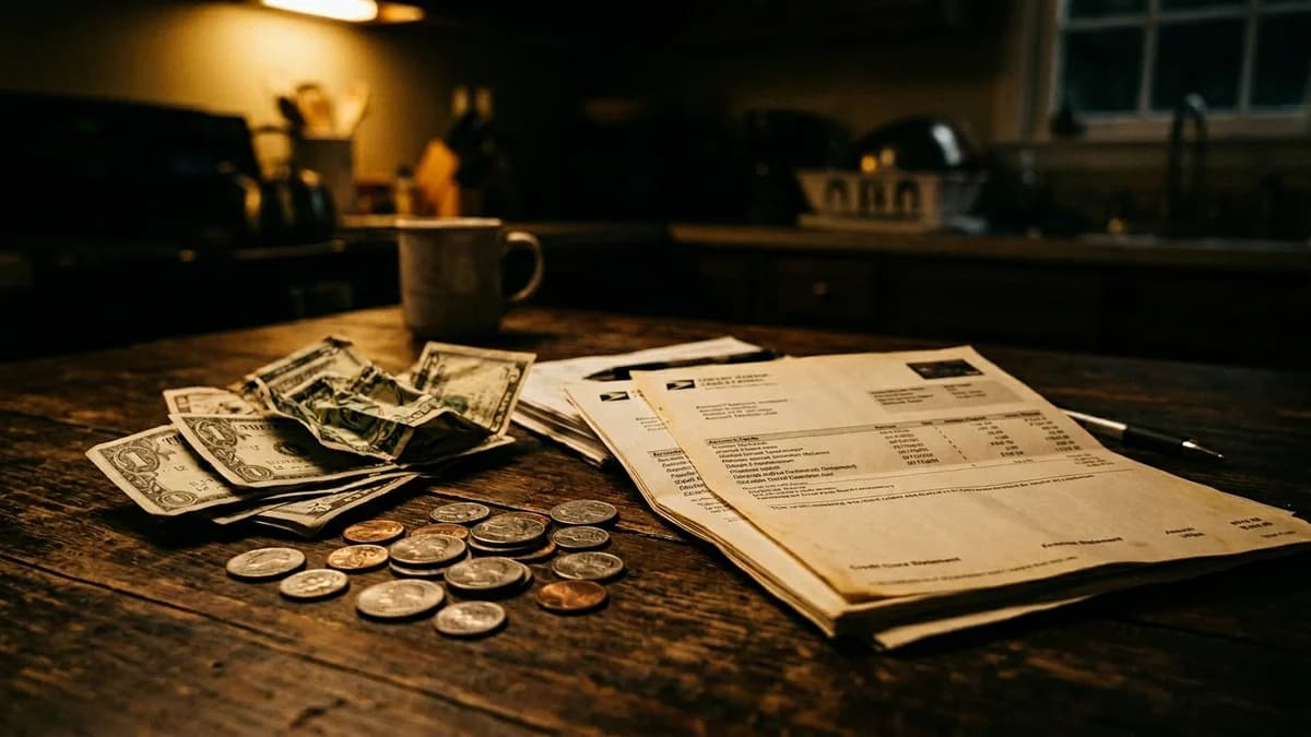 Coins and crumpled dollar bills next to credit card statements on a dark kitchen table, dramatic shadows