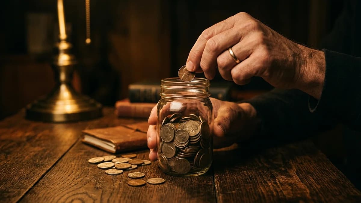 Hands carefully placing individual coins into a glass jar on a wooden table, warm lamplight, slow deliberate motion