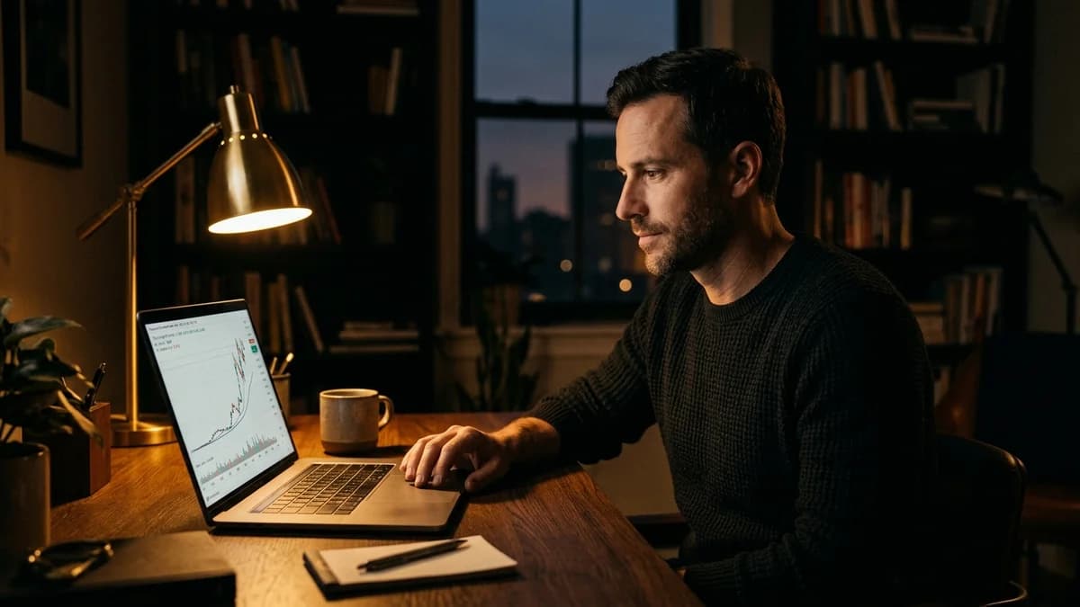 Person at a desk reviewing a financial chart on a laptop showing long-term price history, calm focused expression, evening light