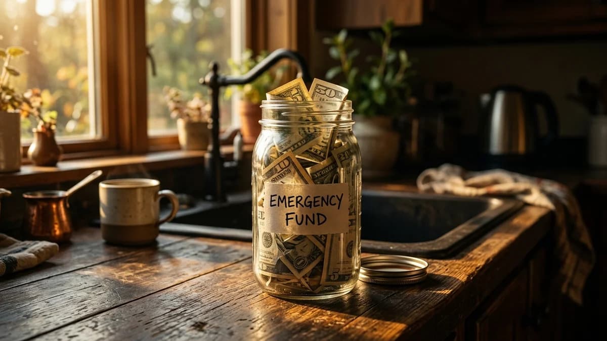 Glass jar labeled emergency fund filled with folded bills on a kitchen counter, warm sunlit morning