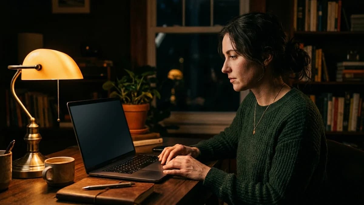 Person at a desk reviewing a high-yield savings account on a laptop, soft amber light from a lamp