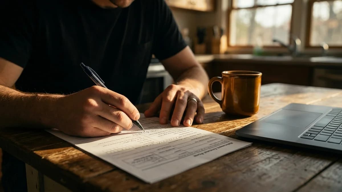 A person filling out a paper retirement enrollment form with a pen at a wooden kitchen table beside a coffee mug and a laptop, warm morning light, cinematic photorealism