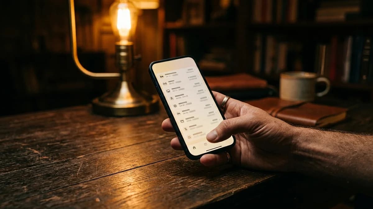 A phone screen showing a list of recurring subscription charges held above a wooden desk, warm lamp light, shallow depth of field, cinematic photorealism