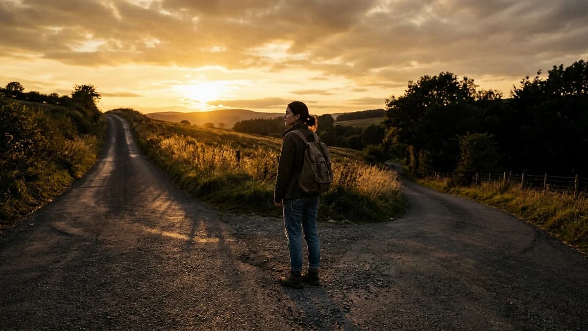 A young adult standing at a fork in a quiet road at golden hour, one path climbing toward open sky, cinematic photorealism with long warm shadows
