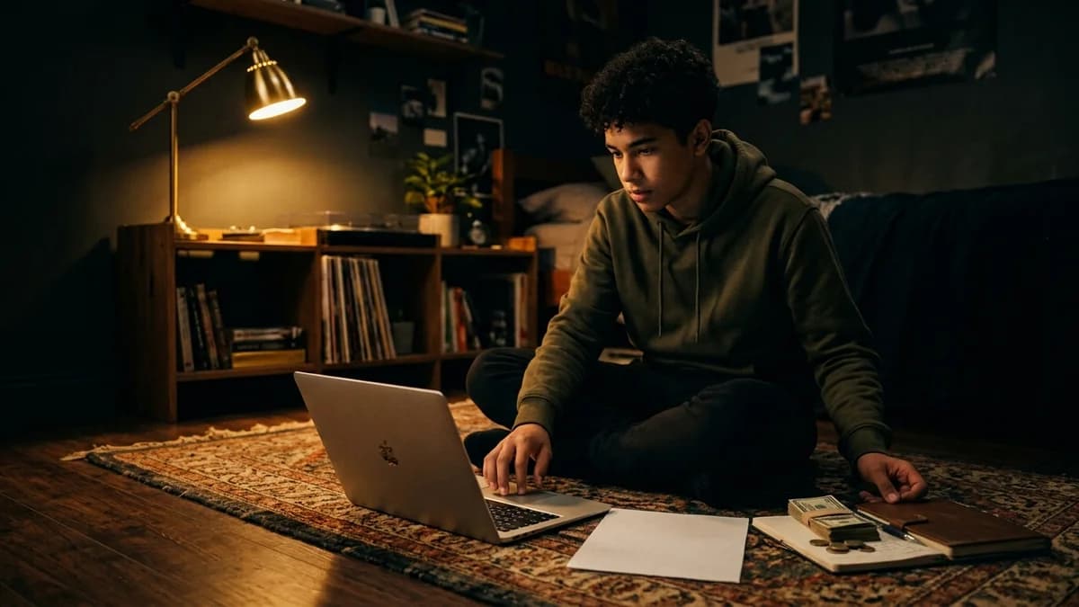 A teenager sitting on a bedroom floor with a laptop open to an investment account and a summer job pay stub beside it, soft lamp light, cinematic photorealism