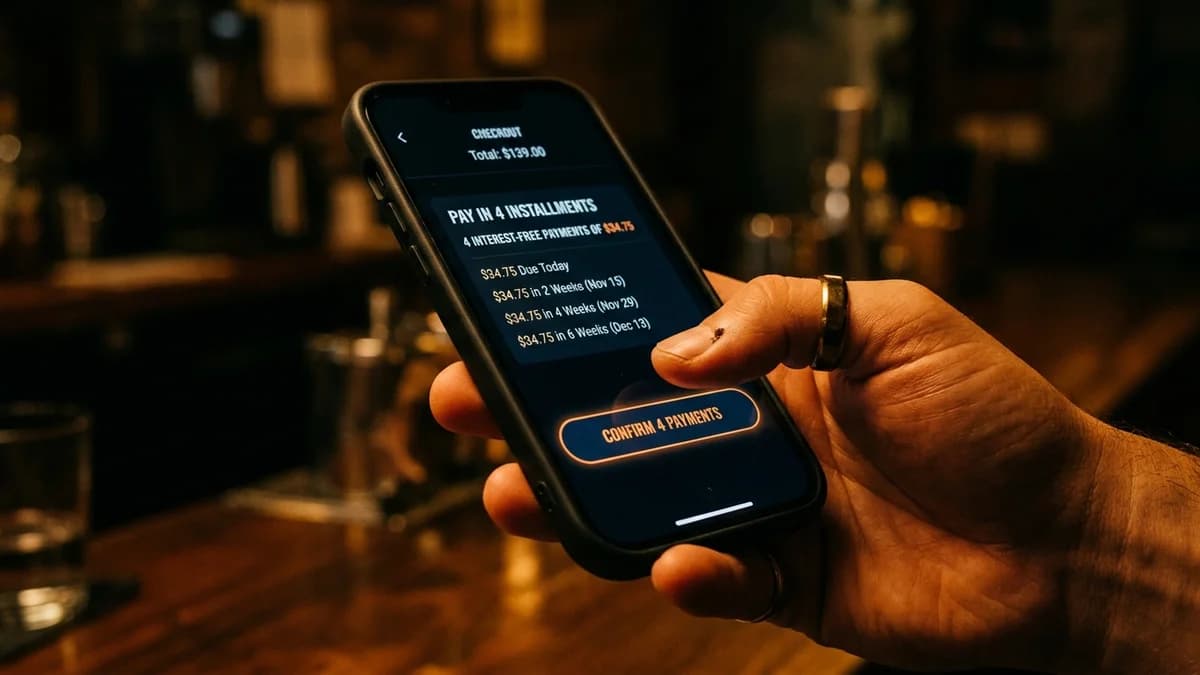 A close-up of a phone checkout screen showing a four-payment installment option with a thumb hovering over the button, moody low light, cinematic photorealism