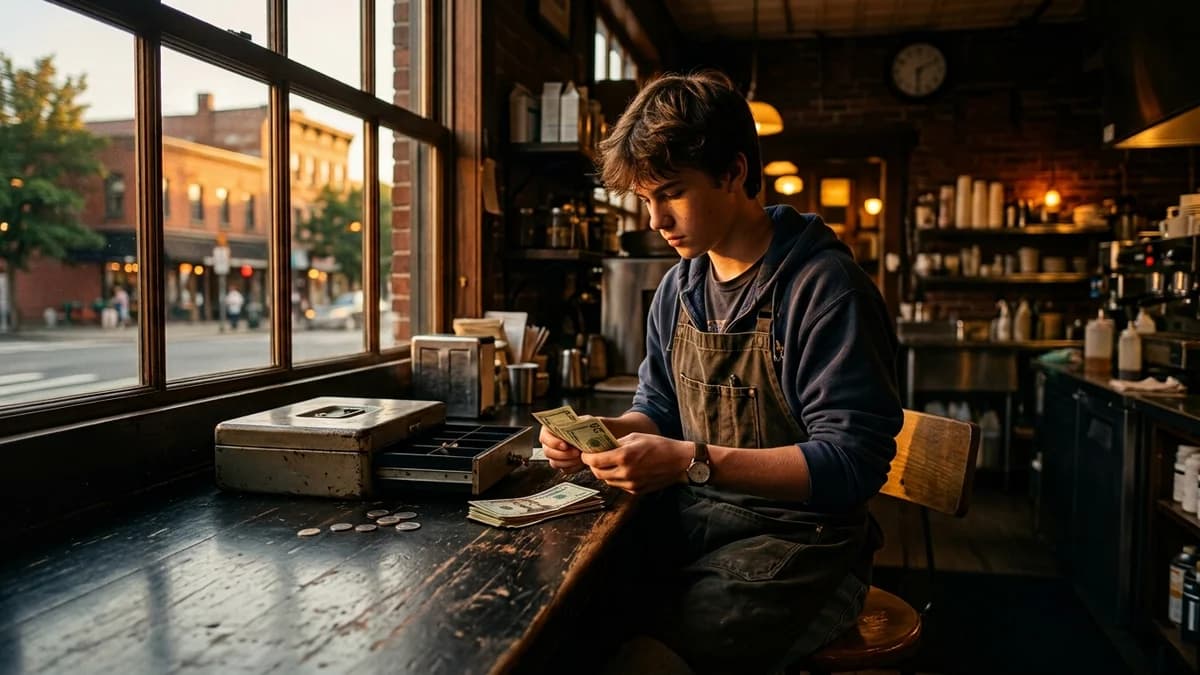 A teenager in a work apron counting cash on a kitchen counter at the end of a shift, warm late-summer evening light through the window, cinematic photorealism
