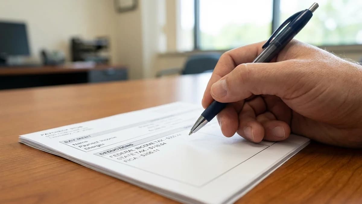 Close-up of a paycheck stub showing federal tax, state tax, and FICA deduction line items with a pen hovering above