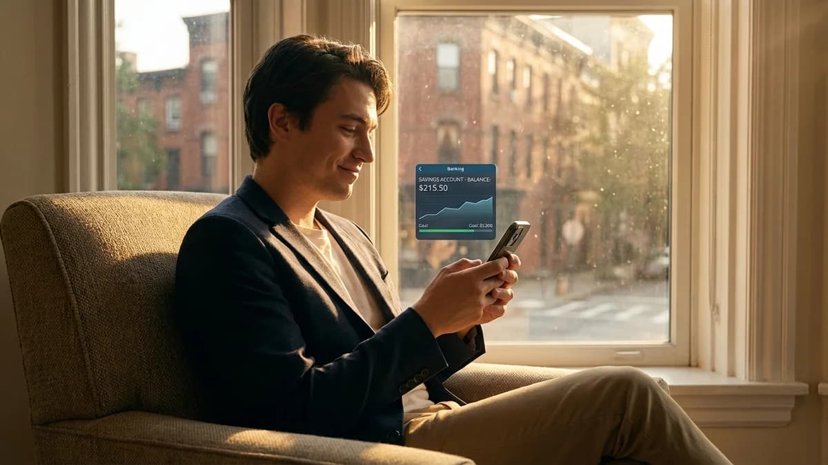 Young professional checking a savings account on their phone showing a small starting balance, warm ambient light