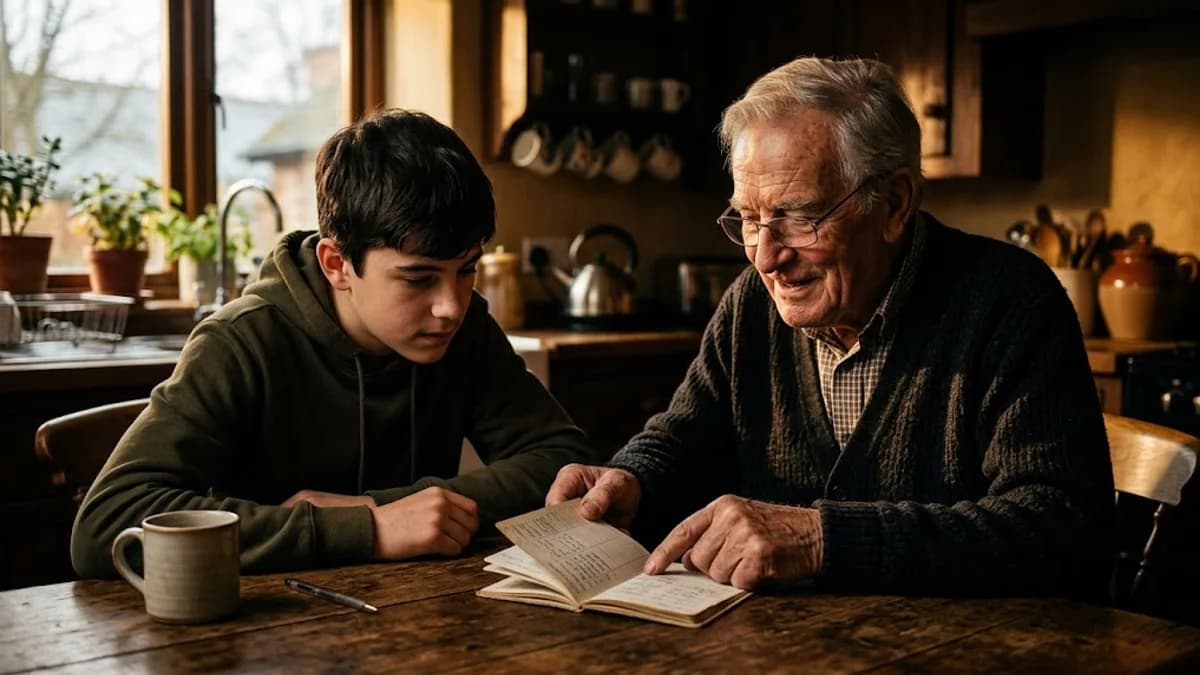 A grandfather opening a savings passbook with a teenager at a kitchen table, soft afternoon light, photorealistic