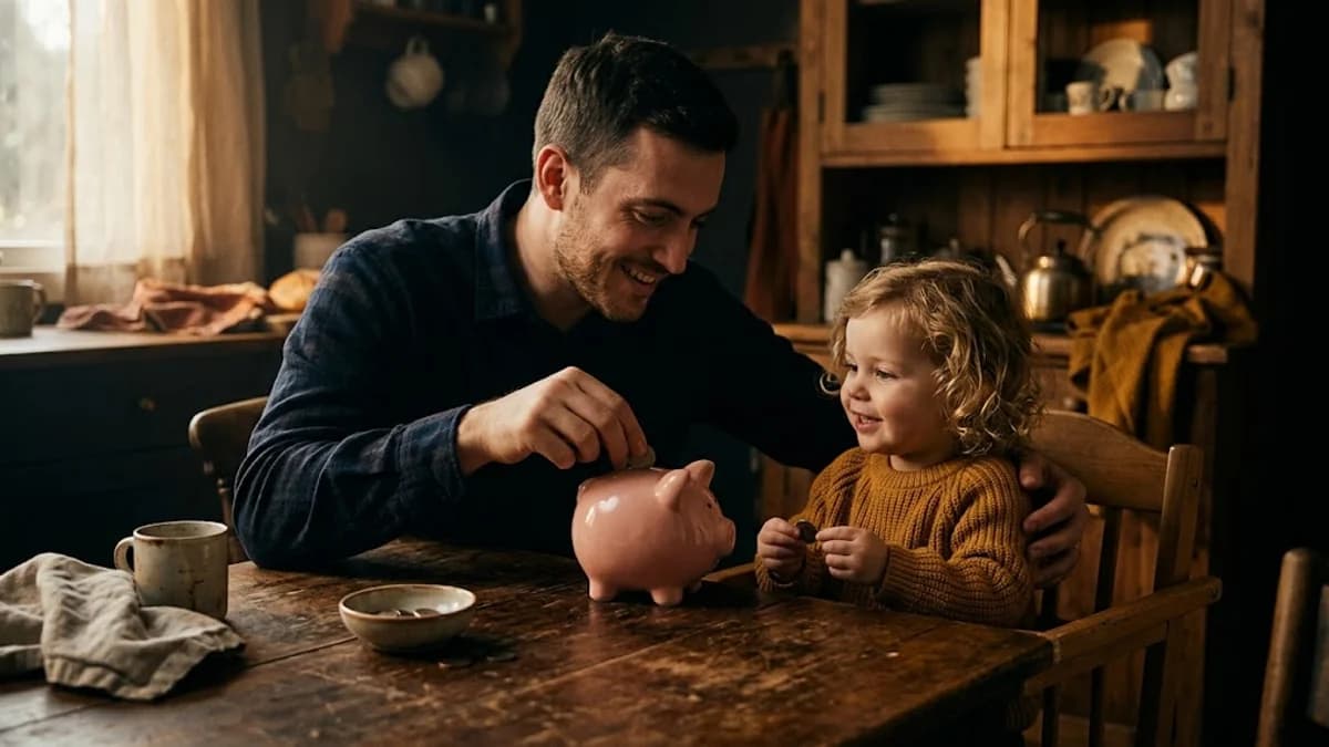 A young parent showing a piggy bank to a small child at a worn kitchen table, warm tone, photorealistic